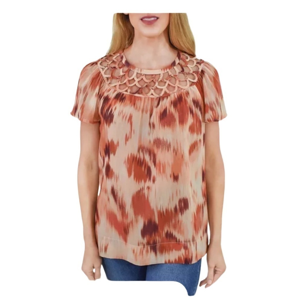 Daniel Rainn Short Sleeve Cutout Yoke Blouse Top NWT Size M